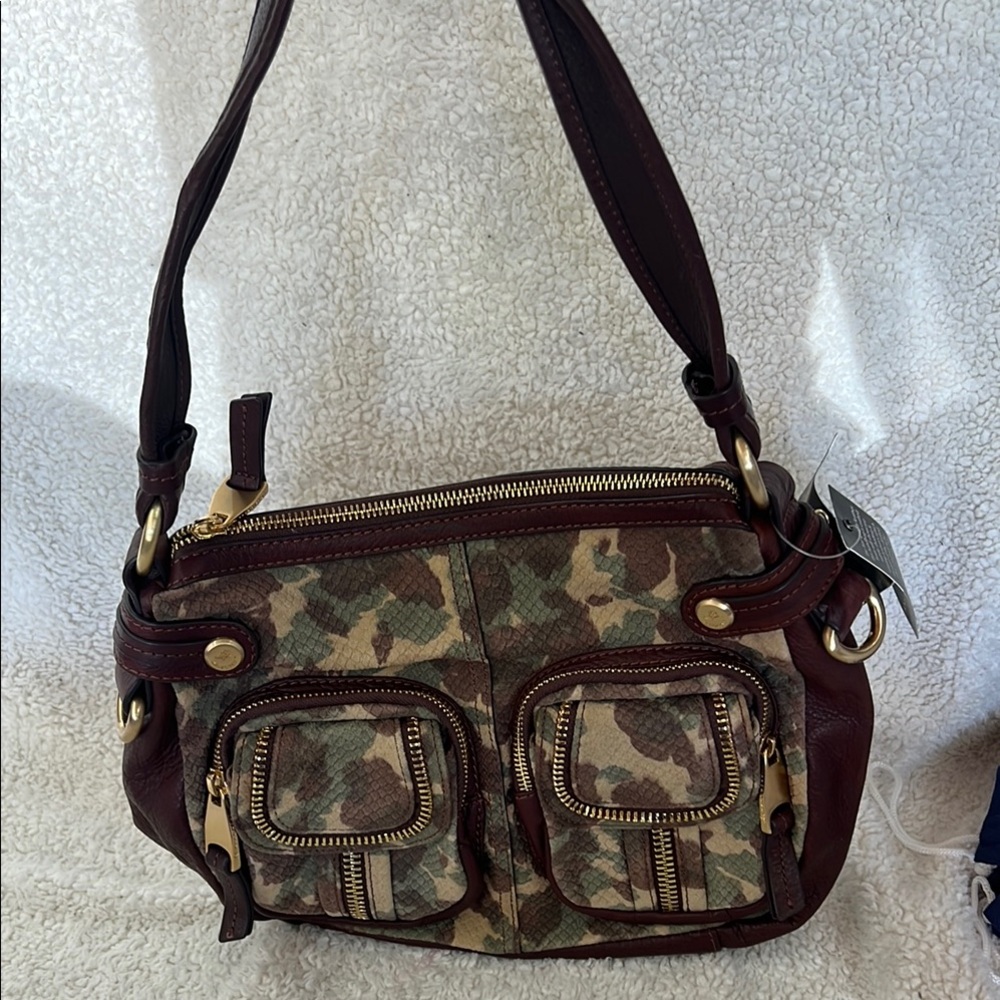 B. Makowsky Camouflage and Burgundy Shoulder Bag